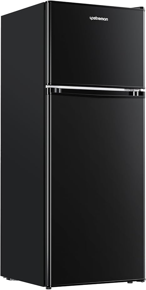 Upstreman 4.0 Cu.Ft. Mini Fridge with Freezer, Dorm Essentials, Double Door Small Refrigerator for Office, Dorm, Bedroom, Adjustable Thermostat, Large Capacity, Black-BR401