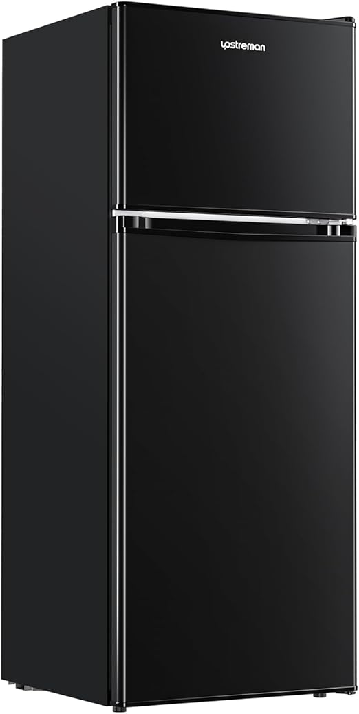 Upstreman 4.0 Cu.Ft. Mini Fridge with Freezer, Dorm Essentials, Double Door Small Refrigerator for Office, Dorm, Bedroom, Adjustable Thermostat, Large Capacity, Black-BR401