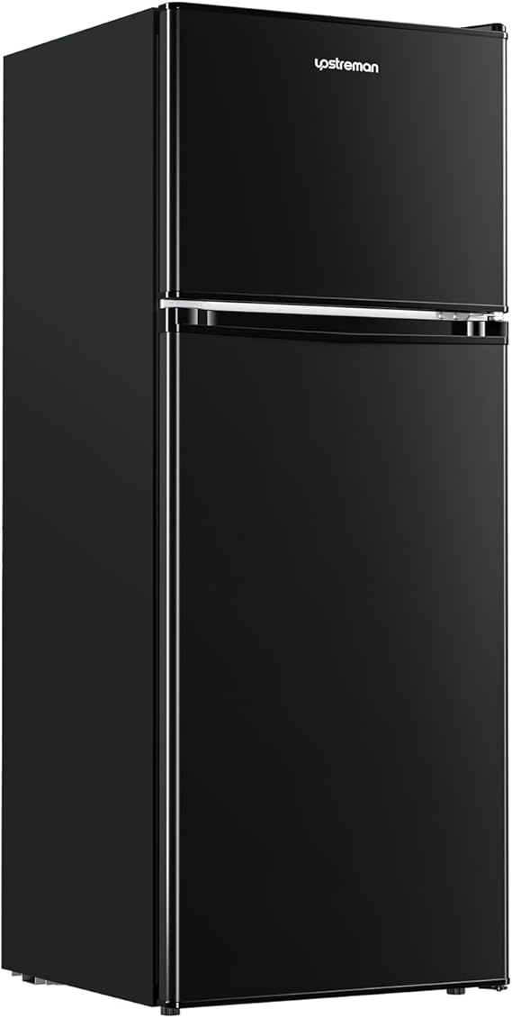 Upstreman 4.0 Cu.Ft. Mini Fridge with Freezer, Dorm Essentials, Double Door Small Refrigerator for Office, Dorm, Bedroom, Adjustable Thermostat, Large Capacity, Black-BR401