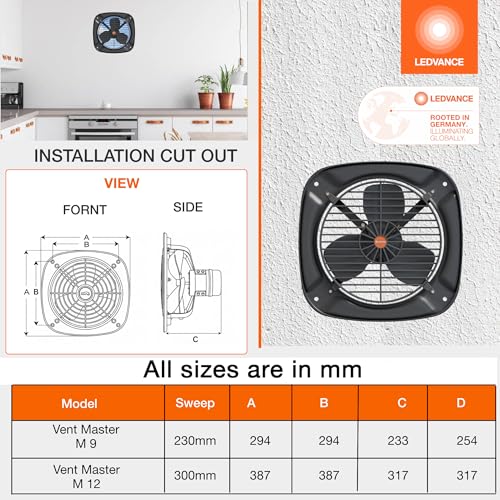 Image of LEDVANCE Metal Exhaust Fan 225mm (9 Inch) 100% Copper Motor| for Kitchen Bathroom & Washroom| High Speed Air Suction| Rust Proof Metal Body & Blades| Low Power Consumption| 2 Year Warranty
