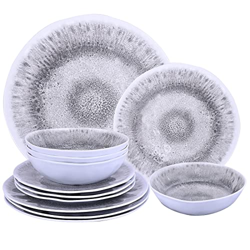 12 Piece Melamine Dinnerware Sets Service for 4 - Includes 4 Dinner Plates 4 Salad Plates and 4 Bowls Made of A5 Melamine Use at Home & Outdoor Dining, Picnic, Camping and Rvs - Modern Design