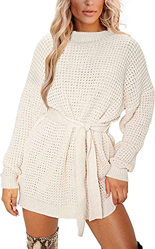 YUOIOYU Women's Long Sleeve Waffle Knit Sweater Dress Tie Wasit Pullover Tunic Sweater Cream