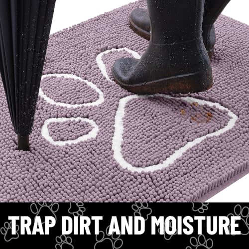 Image of Smiry Dog Door Mat for Muddy Paws, Absorbent Dirt Trapper Non Slip Quick Dry Washable Chenille Mat for Mud Dogs, Entry Rug for Indoor and Outdoor (40x32 Inches, Deep Plum and White)