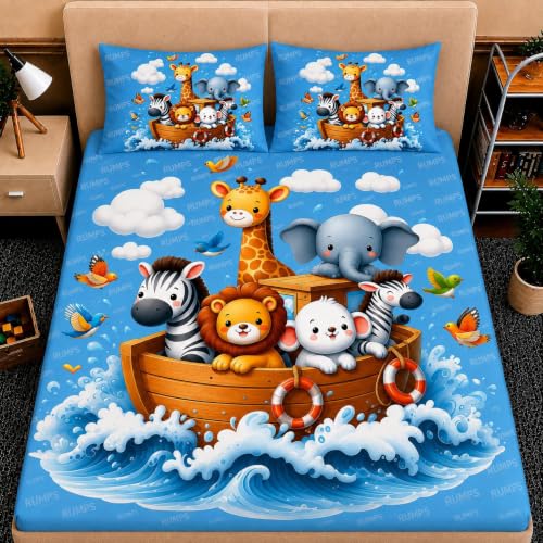 Image of RUMPS 7D Digital Printed Flat Bedsheet for Double Bed, King Size 90 x 100 Inches with 2 Pillow Covers, Soft & Premium Microfiber Fabric, Kids Animal Cartoon Design, Blue