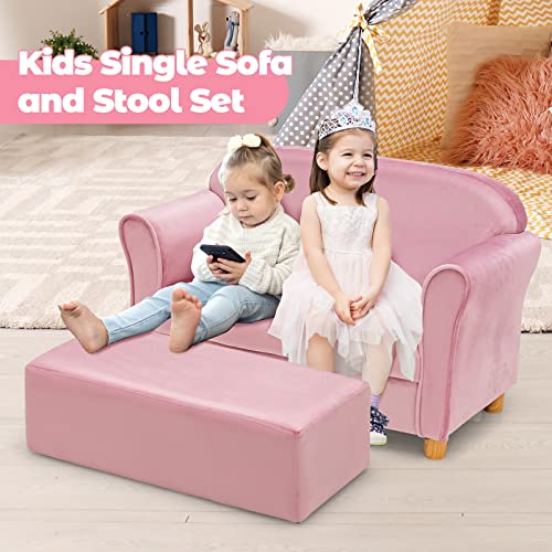 Infans Kids Sofa With Footstool, 2 Seat Toddler Upholstered Couch, Children Armrest Chair Lounge For Bedroom Nursery Kindergarten Kids Room Boys Girls, Sturdy Wood Construction Velvet Surface (Pink) #TOP3