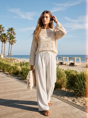 Image of Acelitt Women Drawstring Elastic Waist Wide Leg Pants with Pockets, S-XXL | Elastic waist,loose fit,side pockets,casual,2026 summer trendy,beach vacation outfits
