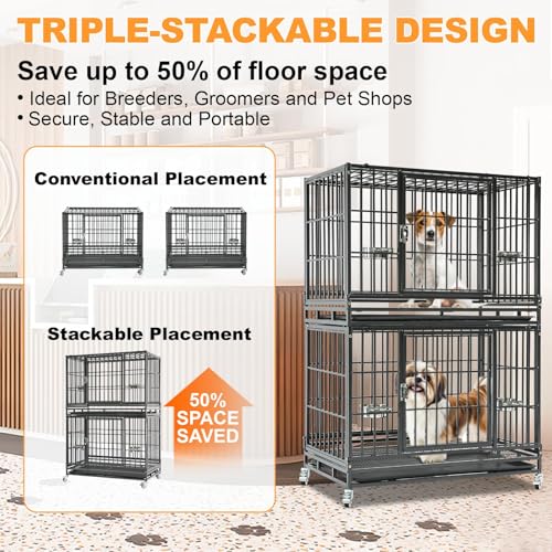Homey Pet Two Tiers 37 Inch Dog Crate, Escape Proof Dog Cage Kennel Indoor with Top Access and Lockable Wheels, Removable Tray, Heavy Duty Dog Crates for Medium/Small Dogs