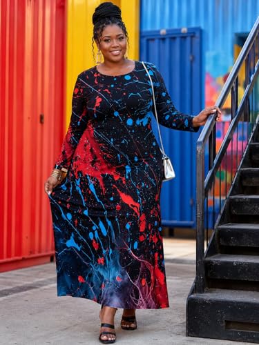 Image of PinkPatty Plus Size Maxi Dress for Curvy Women Crew Neck Long Sleeves Casual Dress Vacation Sundresses with Pockets