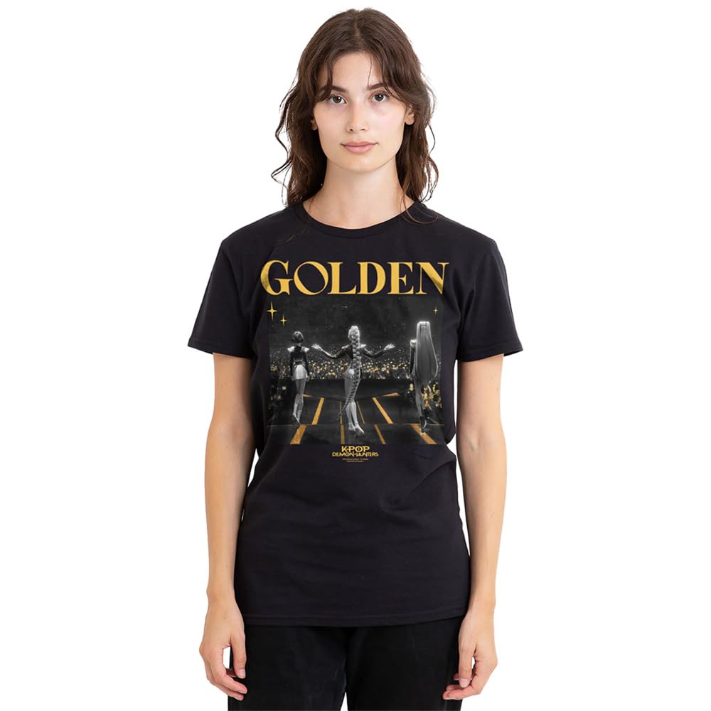 Kpop Demon Hunters Huntrix Golden Stage Ladies T Shirt, Black, Large