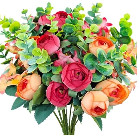 Carfoeny 4 Bunches Peony Artificial Flowers Silk Faux Peonies with Plastic Eucalyptus Leaves Fake Bouquets for Home Indoor Outdoors Table Floral Arrangement Decoration (Red and Orange) Cover