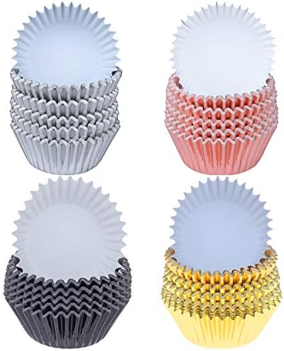 SUBANG 400 Pieces Foil Cupcake Liners Baking Cups Muffin Tins Treat Cups Foil Metallic Cupcake Liners for Weddings,Birthdays,Baby Showers,Silver Rose Gold Black and Gold