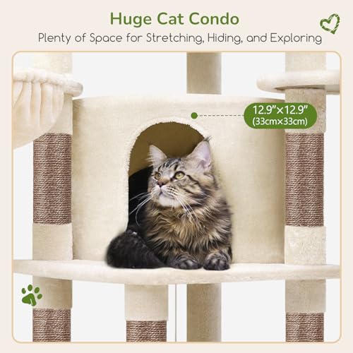Globlazer Corner Cat Tree, 51in Curved Series Modern Cat Tower for Indoor Cats with Hammock, 7 Sisal Scratching Posts, Large Fan-Shaped Platform for Large Cats, Cat Condo & Hanging Basket, C51, Beige - Image 4