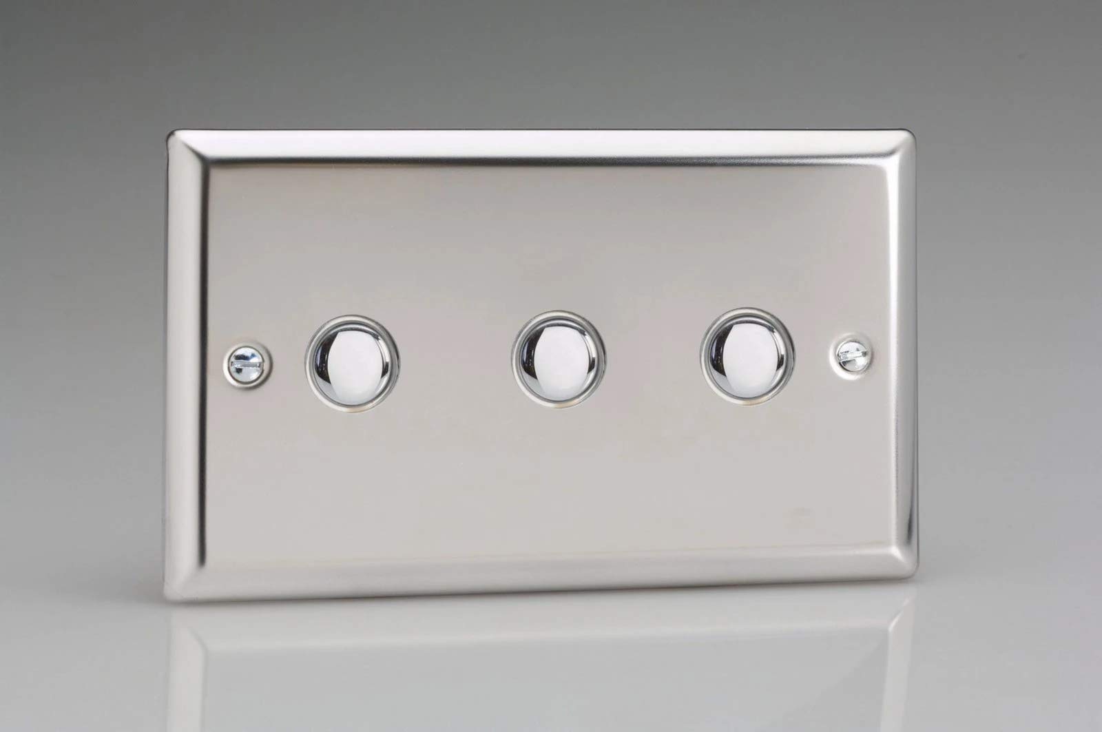 Varilight 3-Gang 6A 1- or 2-Way Push-On/Off Impulse Switch (Twin Plate) Mirror Chrome XCP3