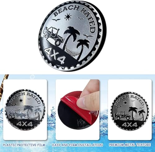 Image of 4Pcs Beach Badge Rated Metal Automotive Badge 3D Metal Car Badges Emblems Round Emblem Decals Compatible for Jeep Wrangler Vehicles Trucks SUV