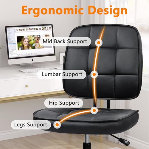 Image of CLATINA Armless Home Office Chair with Lumbar Support and Wheels, Small PU Leather Ergonomic Low Back Desk Chairs No Arms, Adjustable Height 360 Swivel Rolling Computer Task Chair, Black