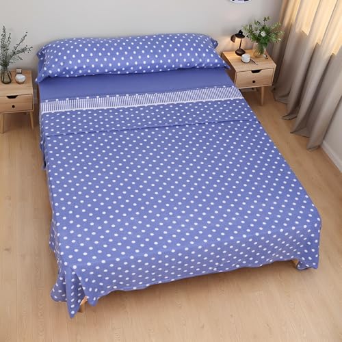 Etrexonline Juego de Sábanas Térmicas Pirineo 3 Piezas para Cama de 135 – Sábanas de Invierno Tejido Polar, Incluye Sábana Bajera Ajustable, Encimera y Funda de Almohada - Lunares Azul