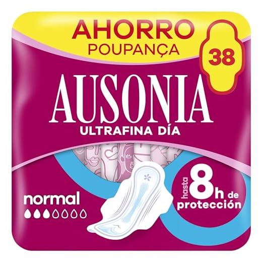 Ausonia Compresas Ultrafina Normal Con Alas, 38 unidades, Para Un Flujo Ligero y Normal Y Protección De La Regla Durante El Día, Hasta 8 Horas De Protección