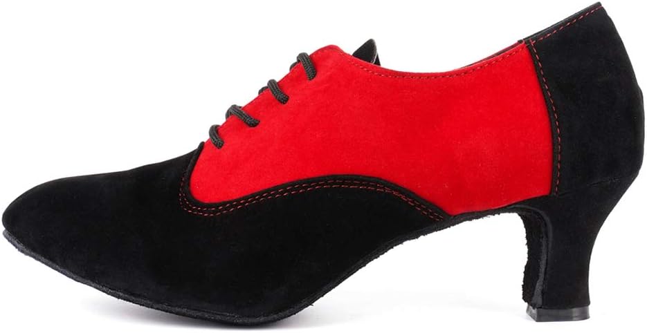 HIPPOSEUS Latin Dance Shoes for Women with Closed Toe Lace up Ballroom Latin Salsa Tango Dance Practice Shoes Low Heel 2.33",Black Red, 8.5 B(M) US