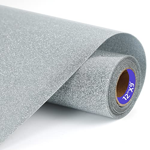 Image of HTVVETUR Glitter HTV Vinyl Rolls Heat Transfer Vinyl - 12 inch x 9ft Silver Glitter HTV Vinyl for Shirts, Iron on Vinyl for Cameo - Easy to Cut & Weed for Heat Vinyl Design (J004 Glitter Silver-9ft)