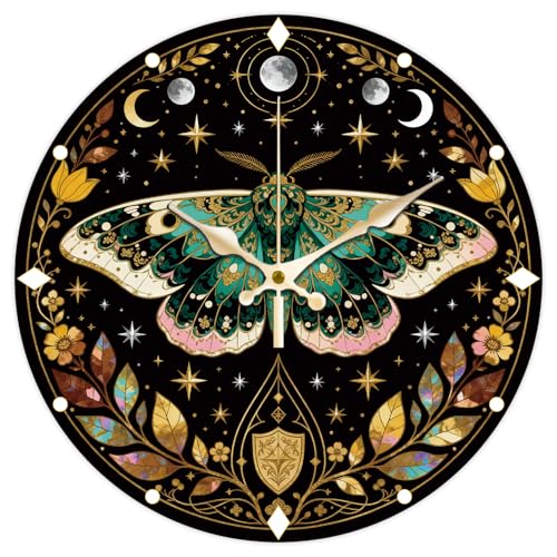 Mysterious Clock 12 Inch Non Ticking Clocks Moth Divination Round Wall Hanging Clock for Bedroom