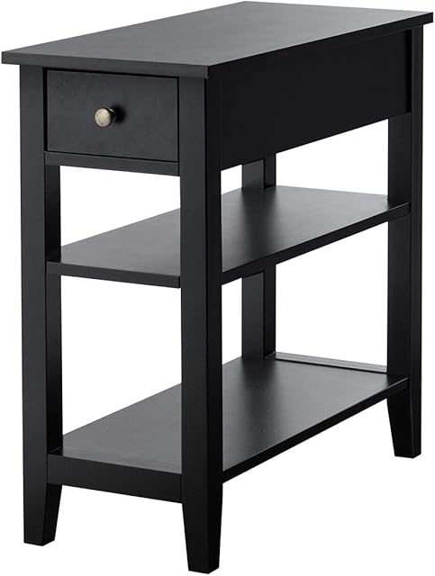 Multigot Narrow Bedside Table, Slim Nightstand Side Table with Drawer and Open Shelves, 2-Tier/3-Tier Coffee Snack End Table (3-Tier: 60 x 28 x 61cm, Black)