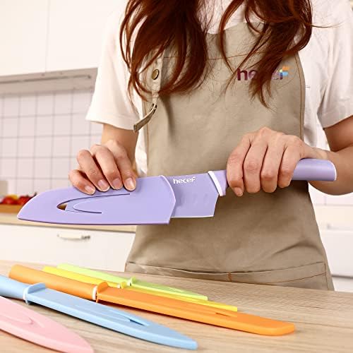 hecef 6 Pieces Kitchen Knife Set with Covers, Stainless Steel Colour Coded Non-Stick Cooking Knife Set Including Paring, Utility, Bread, Carving, Santoku & Chef Knife