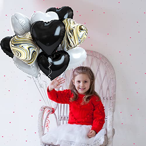 Image of Black White Foil Heart Balloons, 10PCS Black White Agate Heart Shape Balloons, Valentines Balloons 18inch Black Foil Balloon for Helium Valentine Decorations for Wedding, Baby Shower, Anniversary