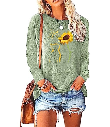 Womens Fall Crewneck Sunflower Graphic Print Tops Long Sleeve Cute Casual Tees
