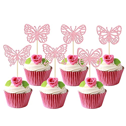 Gyufise 36Pcs Butterfly Cupcake Toppers 3D Hollow Arts Butterfly Cupcake Picks For Butterfly Theme Baby Shower Wedding Fairy Birthday Party Cake Decorations Supplies Pink #TOP15