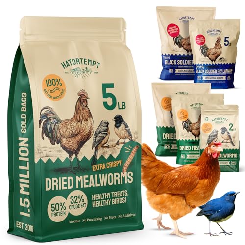 Hatortempt Dried Mealworms - Non-GMO & Organic - High-Protein Mealworms for Wild Bird Food, Ducks & Chickens (5lb)