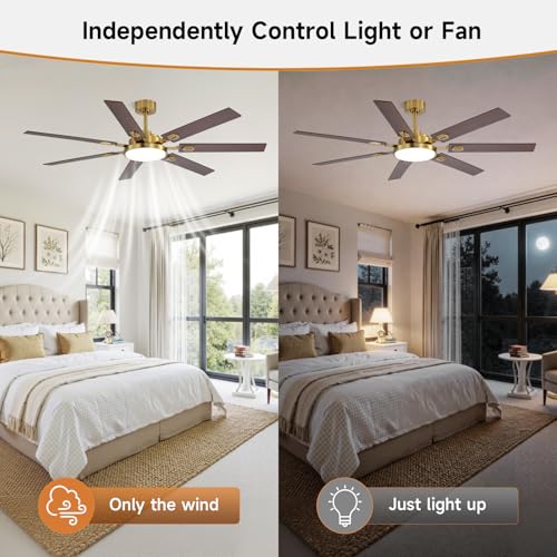 Image of 64 Inch Ceiling Fans with Lights and Remote, Bedroom Living Room Office Library Cafe Outdoor Industrial, 5CCT Dimmable, Dual Color 7 Blades, 6 Speed Reversible Quiet DC Motor, Gold /Wood Grain