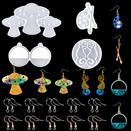 DeryArcle 4 Pièces Moule Resine Boucles D'oreilles, Moule Resine Epoxy Bijoux, Moulle de Silicone Moules de Coulée Moulage avec 20 Crochets D'oreille pour Pendentifs (moule boucles d'oreilles) Cover
