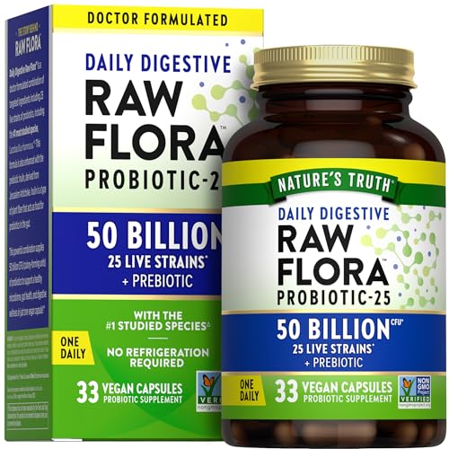 Raw Flora Probiotics with Prebiotics | 50 Billion CFU | 33 Daily Digestive Capsules | Vegan, Non-GMO & Gluten Free Supplement for Women and Men
