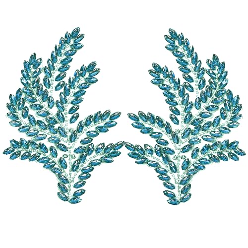 1 Pair SkyBlue Leaf Rhinestones Applique, Handmade Crystal Beaded Rosemary Iron on Patches for Bridal Dress Jeans Hat Bag Jacket Embellishment,Bedazzling Gems for Craft