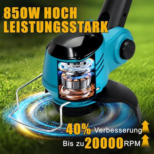 Xbzzgmg Rasentrimmer mit Akku, Akku Rasentrimmer mit 2 Akkus und 2 Messertypen Verstellbarer Freischneider, Teleskop-Freischneider Akku mit Geringem Geräuschpegel für Höfe, Gärten und Gehwegkanten 5