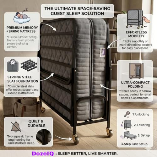 Image of DozelQ Rollaway Portable Folding Bed with 6 inch Pocket Spring Mattress