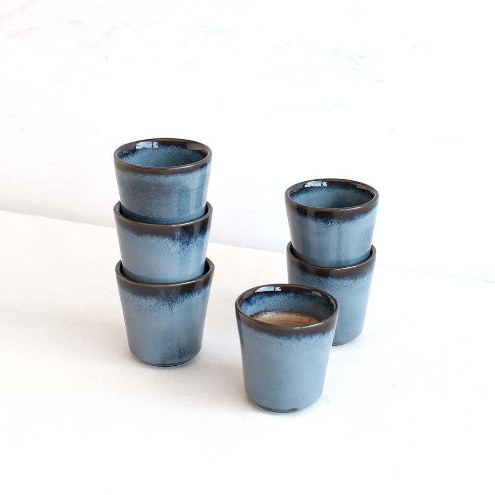 Espressotassen 6er Set aus Steingutt Keramik 75ml, Handfinish, Blau, MELIDES