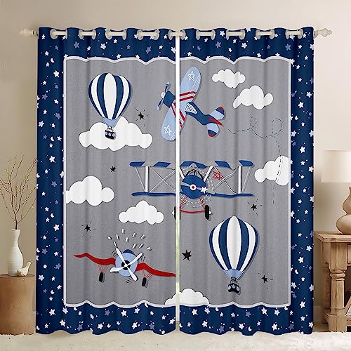 Kids Cartoon Airplane Window Curtain Navy Stripes Hot Air Balloon Aircraft Curtains Boys Teens Room Decor Cloud Starry Moon Window Treatment Curtain Chic Grey Window Drapes,Top 2 Panel,42Wx84L