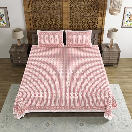 Image of BLOCKS OF INDIA Hand Block Printed 200 TC Cotton Super King Size Bedsheet (Pink LINE)