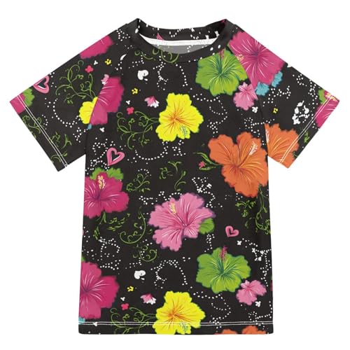 ALAZA Kids Rash Guard Girls Toddler Swim Shirts Short Sleeve Colorful Hibiscus Flower UPF 50+ 3T