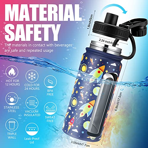 2 Pcs 16 Oz Kids Insulated Water Bottle With Wide Handle, Stainless Steel Double Wall Vacuum Leak Proof Kids Bottle, Keep Hot Or Cold Cute Metal Water Bottle For School Boys Girls (Vehicle, Planet) #TOP1