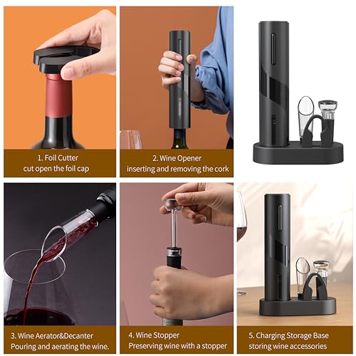 Image of PEIPU Electric Wine Opener Set, Rechargeable 6-in-1 Wine Gifts for Wine Lovers with Charging Base, Foil Cutter, Wine Aerator Pourer & Vacuum Stoppers (Light Black)