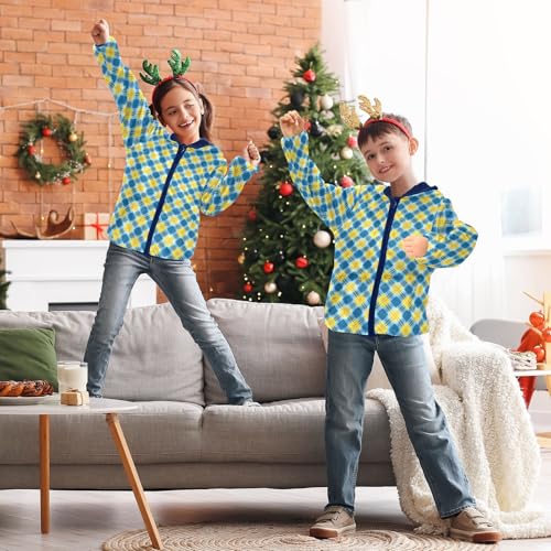 Yellow Blue Buffalo Plaid Boys Fleece Coat,Children's Zip-Up Hoodie Jacket,Baby Warm Fashion Outerwear 3-10T,A113366 5