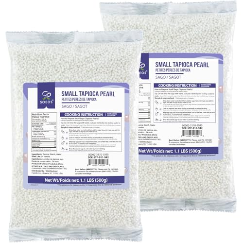 Soeos Sago Tapioca Pearls, 1.1 lbs (500g), Pack of 2, Small Tapioca Pearls for Asian Desserts,...