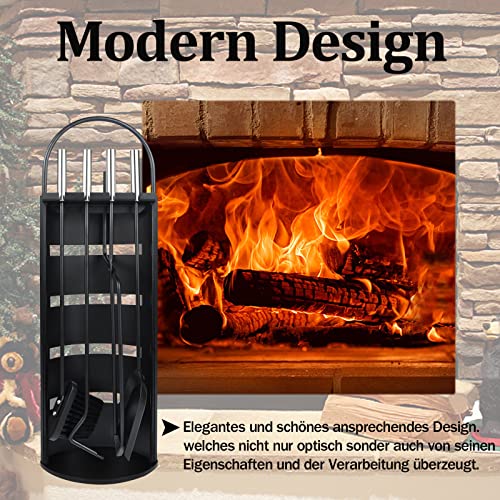 Aufun Kaminbesteck Edelstahl 5-teilig Modern Kamin Zubehör Set Kamingarnitur inkl. Besen, Schaufel, Schürhaken, Zange und Ständer mit Sichtschutz, Schwarz – Bild 5