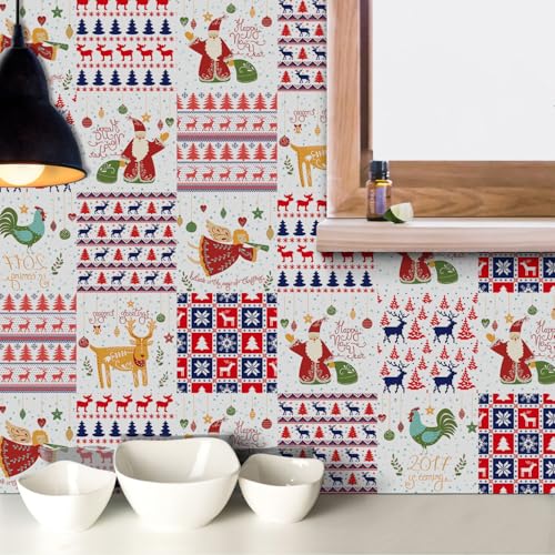 Azulejos Adhesivos Cocina 20x20 cm Navidad Roja Y Azul Vinilos Baño Azulejos Impermeable Azulejos Adhesivos Baño Vinilo Pared Decoración de Muebles Azulejos Adhesivos (10 Piezas)