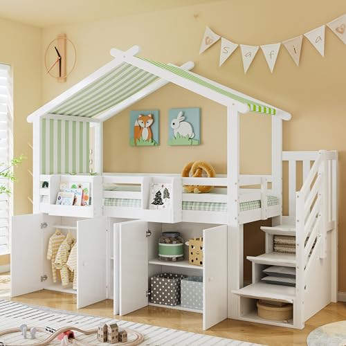 RIAZOS Kinderbett 90x200 cm, Etagenbett mit Stauraumtreppe, Hochbett mit Kleiderschrank und Schließfächer, Hausbett mit Dach, Bettsgell mit Fallschutzgitter, Weiß+Grün, ohne Matratze RIAZOS Kinderbett 90x200 cm, Etagenbett mit Stauraumtreppe, Hochbett mit Kleiderschrank und Schließfächer, Hausbett mit Dach, Bettsgell mit Fallschutzgitter, Weiß+Grün, ohne Matratze