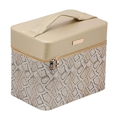 STRIPES Gold Color Snake Skin Print Makeup Organizer Bag with Mirror for Travel, Makeup Box, Vanity Box Cosmetic Case with 5 Compartments 2 Layer Tray (Brown)