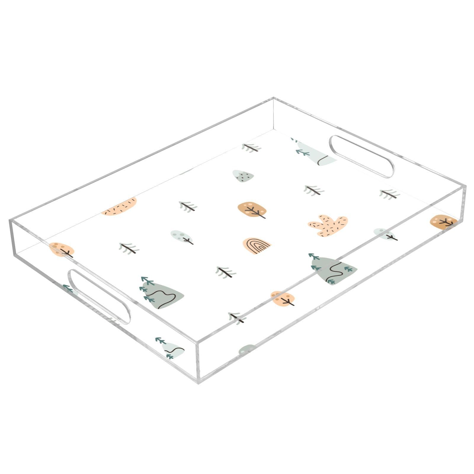 Bandeja de acrílico transparente con asas, diseño personalizado, paisaje, montañas, árboles, bandeja de acrílico transparente de 12 x 16 pulgadas, bandeja de servir de acrílico transparente
