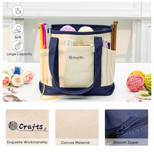Image of MYBAGZING Canvas Yarn Storage Organizer Bag Washable Crochet Bag with Pockets for Yarn, Hooks, Needles - Travel Knitting Tote for Crafters - Gift for Crocheters & Knitters (Medium /Large)